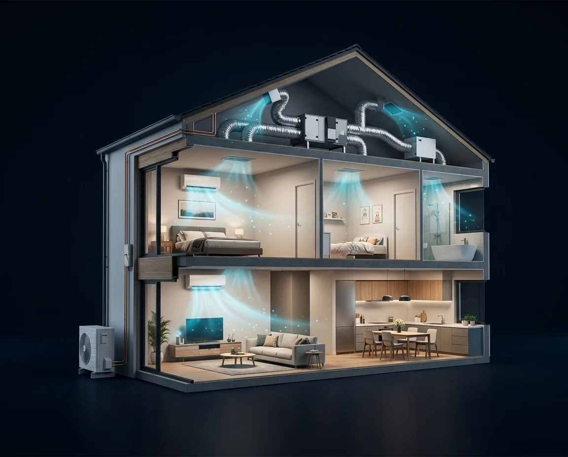 Coupe 3D d'une maison illustrant un système de climatisation diffusant de l'air frais à Aubagne
