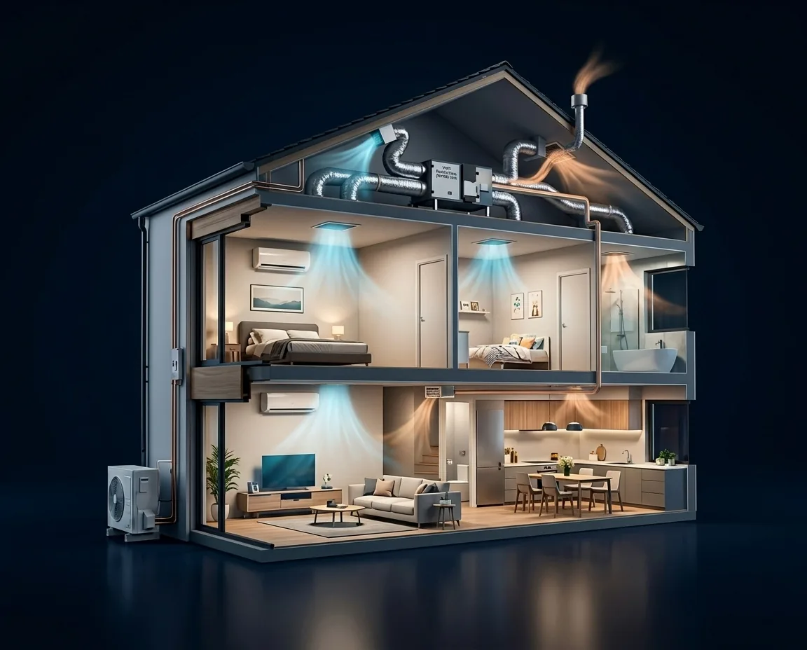 Illustration en coupe d'une maison montrant un système de climatisation et de ventilation installé à Aubagne