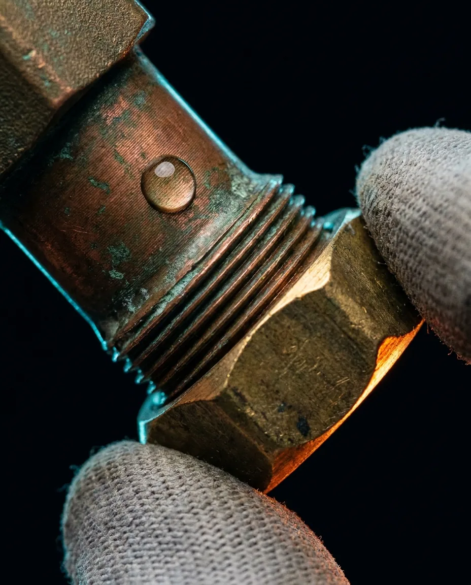 Main gantée manipulant un raccord en laiton et cuivre lors d'un dépannage de plomberie à Allauch