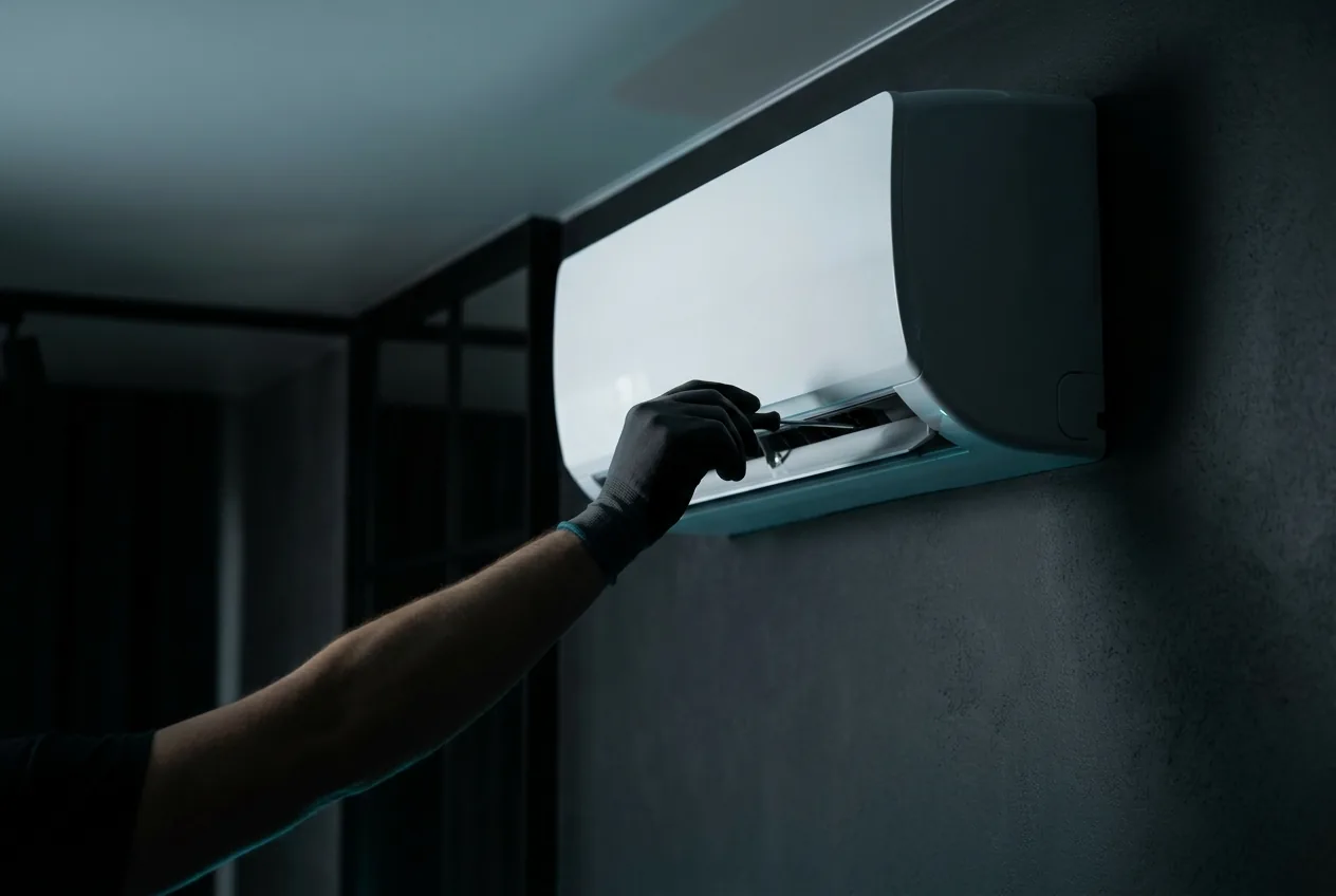 Technicien LBF réglant une climatisation murale lors d'une installation à Aubagne