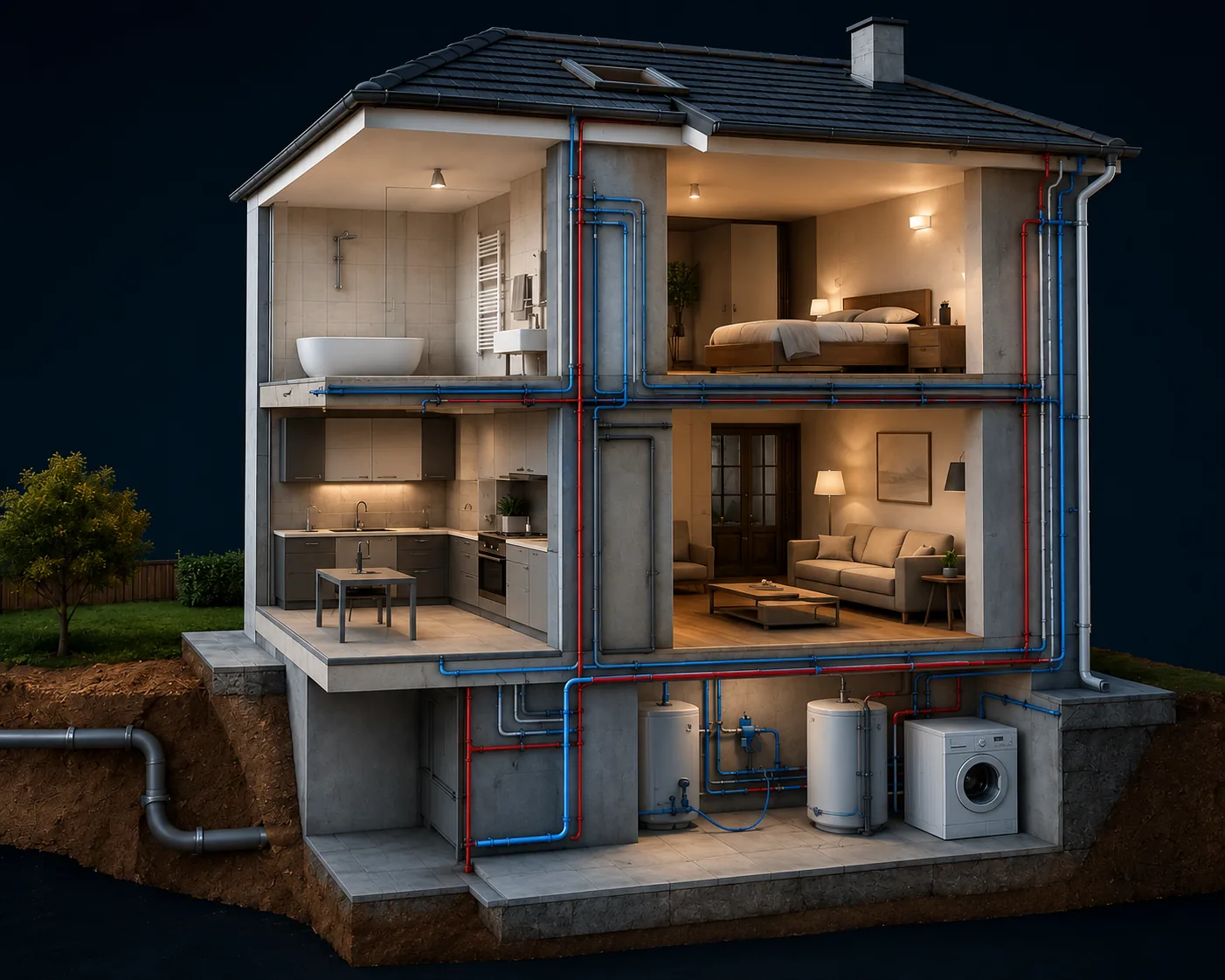 Illustration 3D en coupe d'une maison montrant le réseau de plomberie desservi à Allauch