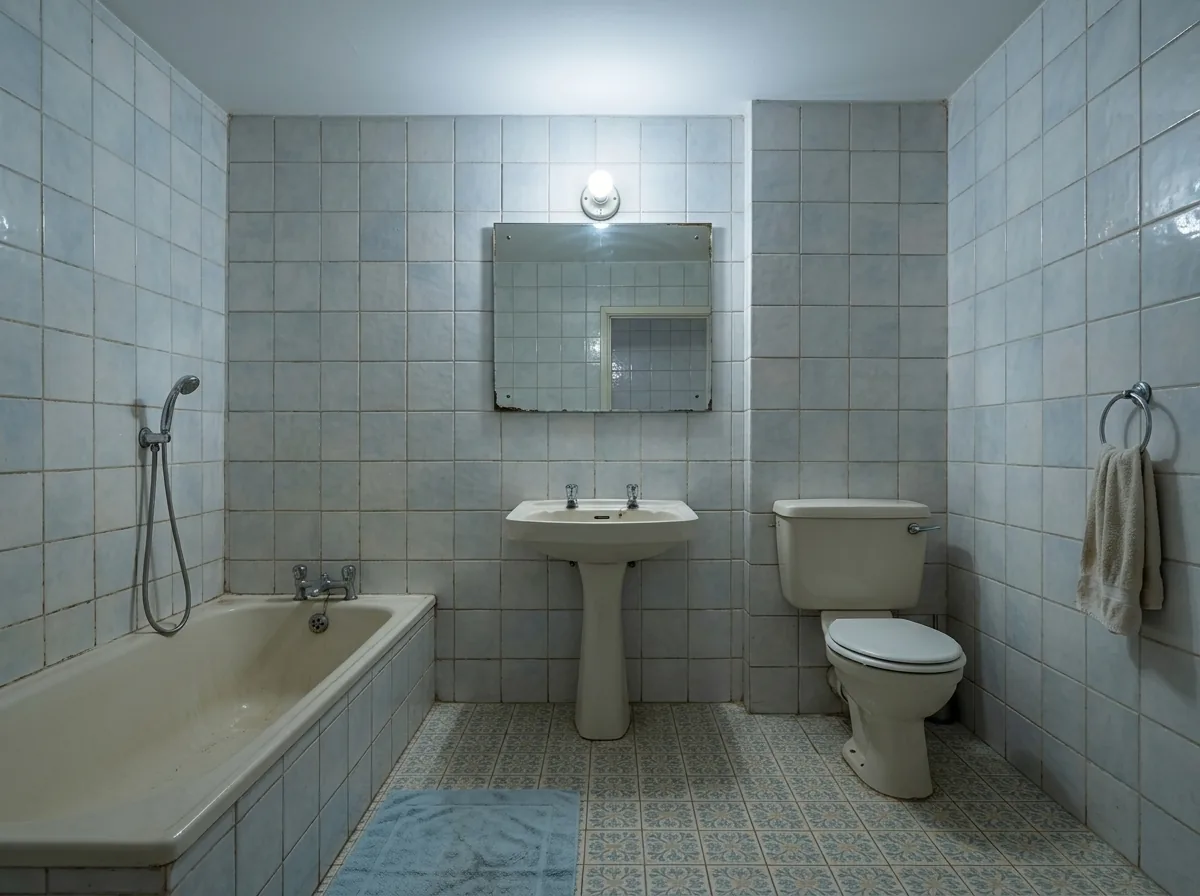Salle de bain à rénover à Aubagne avec baignoire, lavabo sur pied et carrelage ancien