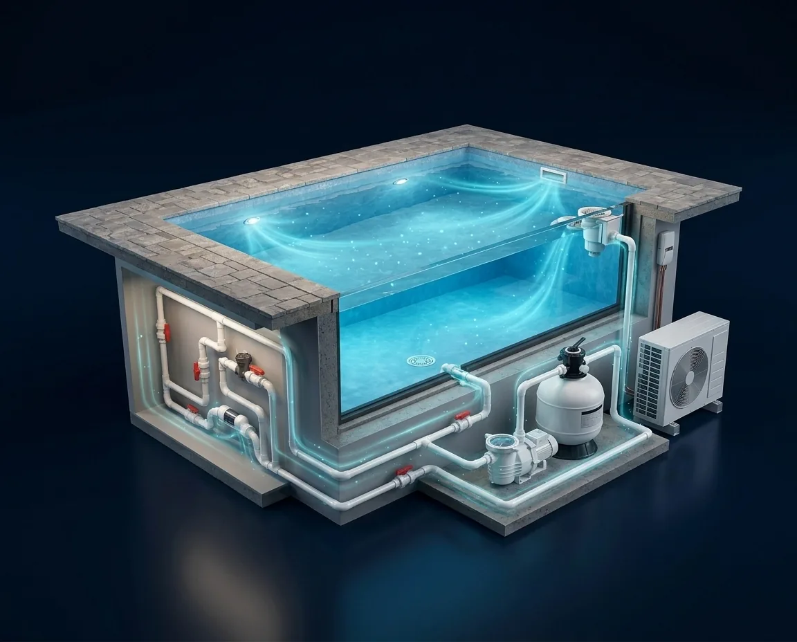 Piscine en coupe, circuit hydraulique : skimmer, filtration, pompe à chaleur