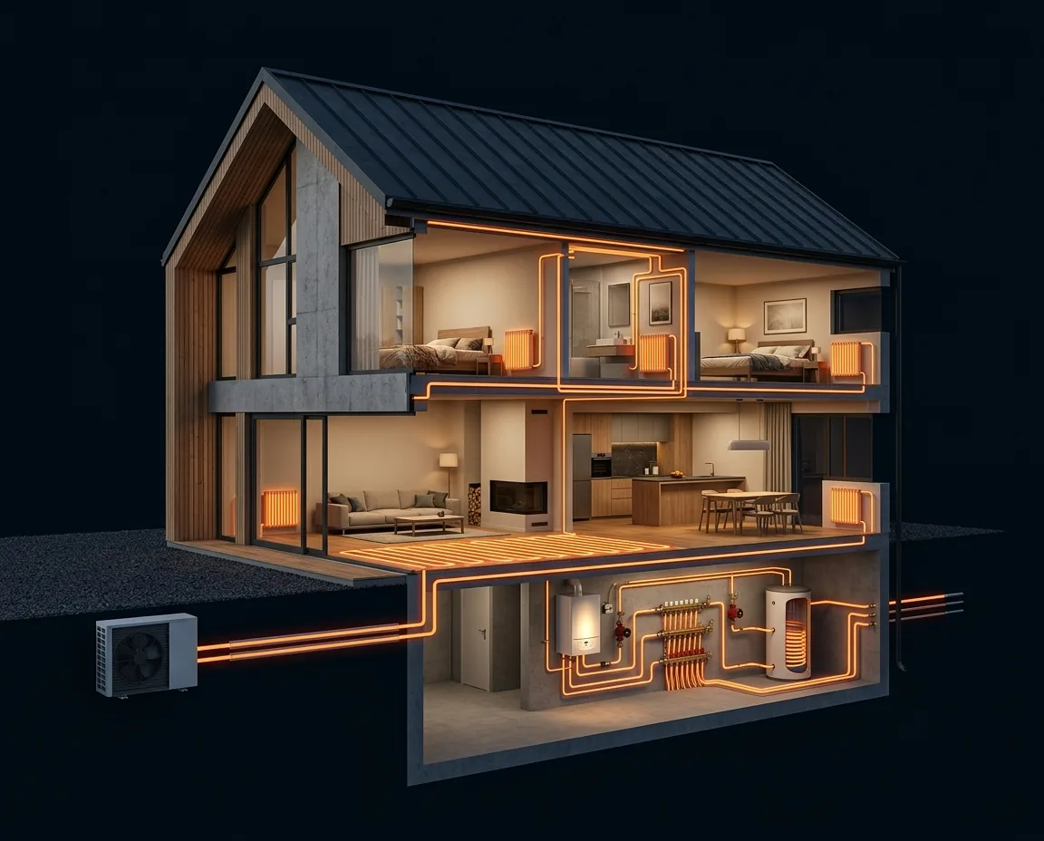 Coupe 3D d'une maison illustrant le circuit de chauffage par pompe à chaleur installée à Allauch